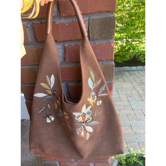 DRIFTWOOD Handbags - NEW DRIFTWOOD multi flower embroidery tote bag in light brown suede